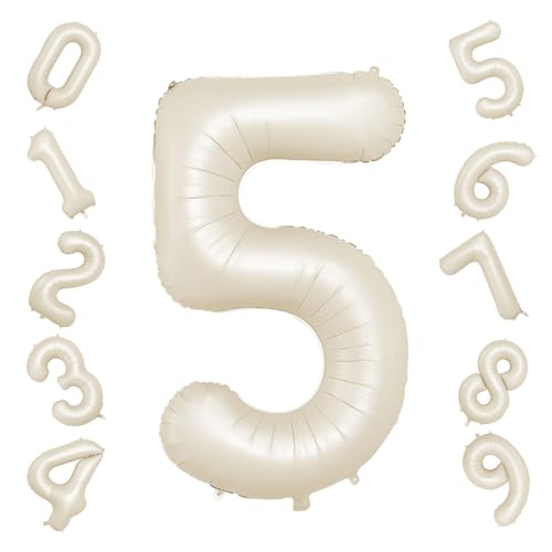 Biapian Luftballon 5, 40 Zoll Luftballon 5. Geburtstag, XXL Creme Weiß Zahlen 5 Luftballon Sandweiß Folienballon Helium Ballons für Babyparty Junge Männer 5 Jahre Geburtstags Party Deko (Nummer 5) von Biapian