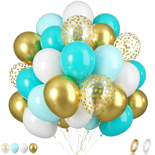 Biapian Luftballons Blau Gold, 60 Stück Teal Blau Gold Luftballons Geburtstag, 12 Zoll Mintgrüne Blaugrüne Weiß Latexballons, Goldene Konfetti-Luftballons für Geburtstag Babyparty Hochzeit Party Deko von Biapian