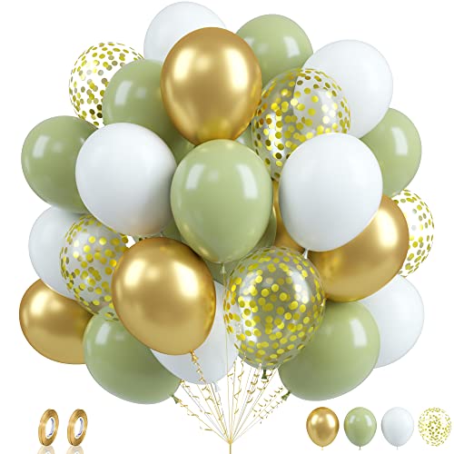 Biapian Luftballons Grün Gold, 60 Stück Salbeigrün Weiß Luftballons Geburtstag, 12 Zoll Grüne und Gold Latexballons Gold Konfetti Ballons Helium für Geburtstagsfeier Hochzeit Dschungel Babyparty Deko von Biapian