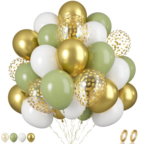 Biapian Luftballons Grün Gold, 60 Stück Salbeigrün Weiß Luftballons Geburtstag, 12 Zoll Grüne und Gold Latexballons Gold Konfetti Ballons Helium für Geburtstagsfeier Hochzeit Dschungel Babyparty Deko von Biapian