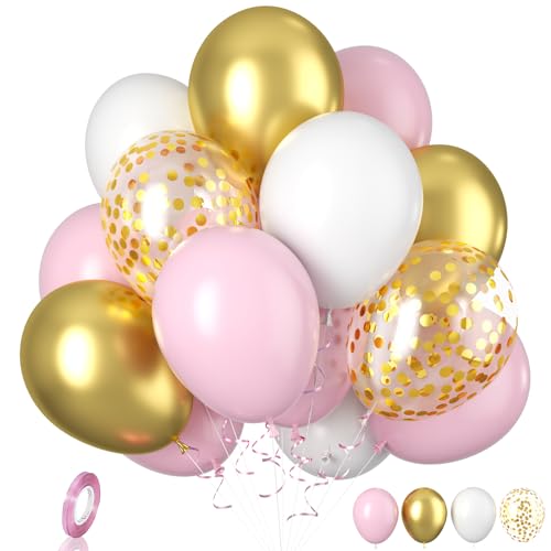 Biapian Luftballons Rosa Gold, 20 Stück Rosa Goldene Weiß Luftballons, 12 Zoll Rosa Gold Konfetti Ballons, Pastel Rosa Weiß Latexballons für Mädchen Geburtstag Hochzeit Prinzessinnen Babyparty Deko von Biapian