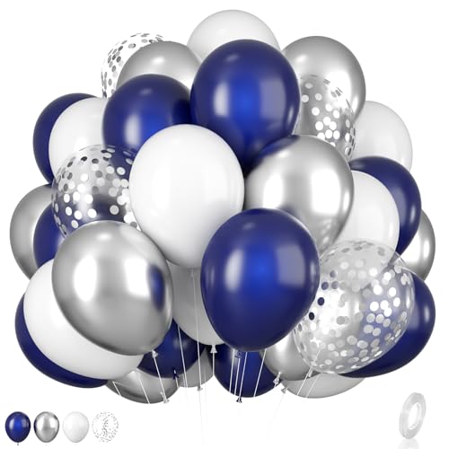 Blau Silber Luftballons, 12 Zoll Silber Dunkel Marine Blau weiße Party Ballons mit Metallic Silber Blau Konfetti Helium Latexballons für Geburtstag Hochzeit Verlobung Babyparty Dekoration von Biapian