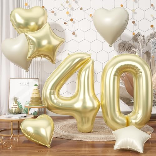Folienballon Zahl 40 Gold, XXL Hellgold Zahlenballon 40, 40 Zoll Groß Zahlen Luftballon 40. Geburtstag Deko mit Creme Beige Herzluftballons Helium für Frau Mädchen Babyparty 40 Jahre Geburtstagsdeko von Biapian