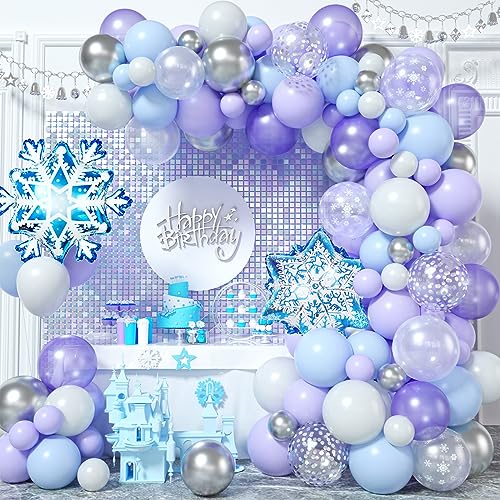 Frozen Luftballons Girlande, 117 Stück Frozen Geburtstag Deko, Lila Blau Weiß Silber Latexballon Schneeflocken Folie für Frozen Thema Party Eis Schnee Prinzessin Thema Geburtstag Wonderland Party Deko von Biapian
