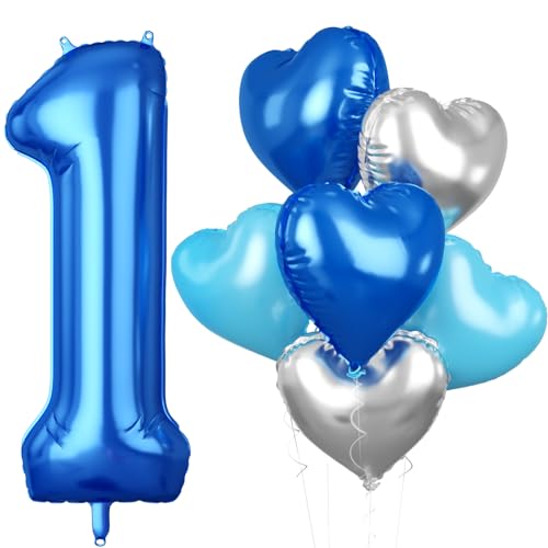 Luftballon 1. Geburtstag, 40 Zoll Blaue Zahl 1 Luftballon, 7 Stück Groß Blau Nummer 1 Folienballon Blau Silber Herzluftballons Helium für Jungen Mädchen Babyparty Jubiläum 1. Geburtstag Party Deko von Biapian