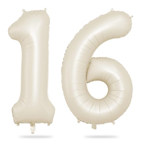 Luftballon 16, 40 Zoll Luftballon 16. Geburtstag, XXL Creme Weiß Zahlen 16 Luftballon Sandweiß Folienballon Helium Ballons für Babyparty Junge Männer 16 Jahre Geburtstags Party Deko (Nummer 16) von Biapian