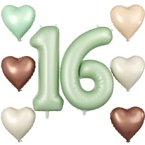 Luftballon 16. Geburtstag, 40 Zoll Salbeigrün Zahl 16 Luftballon, XXL Olivgrün Nummer 16 Folienballon Beige Braune Aprikosen Herzluftballons für Jungen Mädchen Babyparty 16. Geburtstag Party Deko von Biapian