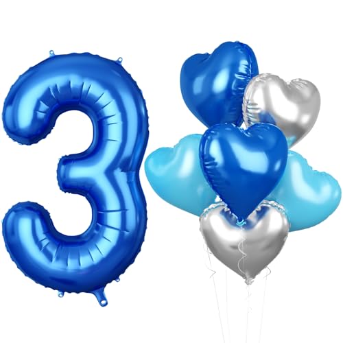 Luftballon 3. Geburtstag, 40 Zoll Blaue Zahl 3 Luftballon, 7 Stück Groß Blau Nummer 3 Folienballon Blau Silber Herzluftballons Helium für Jungen Mädchen Babyparty Jubiläum 3. Geburtstag Party Deko von Biapian