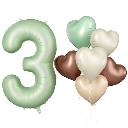 Luftballon 3. Geburtstag, 40 Zoll Salbeigrün Zahl 3 Luftballon, XXL Olivgrün Nummer 3 Folienballon Beige Braune Aprikosen Herzluftballons für Jungen Mädchen Babyparty 3. Geburtstag Party Deko von Biapian
