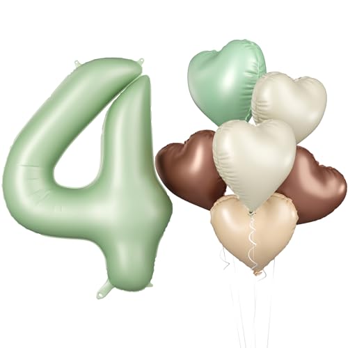 Luftballon 4. Geburtstag, 40 Zoll Salbeigrün Zahl 4 Luftballon, 7 Stück Olivgrün Nummer 4 Folienballon Beige Braune Aprikosen Herzluftballons für Jungen Mädchen Babyparty 4. Geburtstag Party Deko von Biapian