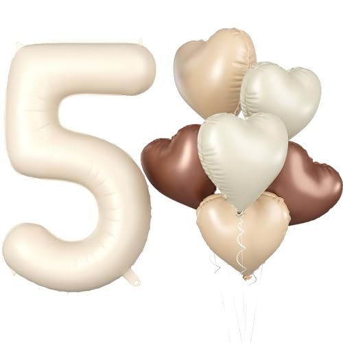 Luftballon 5. Geburtstag, 40 Zoll Beige Zahl 5 Luftballon, 7 Stück Cremefarbene Nummer 5 Folienballon Braune Aprikosen Herzluftballons Neutraler für Jungen Mädchen Babyparty 5. Geburtstag Party Deko von Biapian