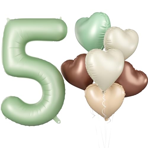 Luftballon 5. Geburtstag, 40 Zoll Salbeigrün Zahl 5 Luftballon, 7 Stück Olivgrün Nummer 5 Folienballon Beige Braune Aprikosen Herzluftballons für Jungen Mädchen Babyparty 5. Geburtstag Party Deko von Biapian