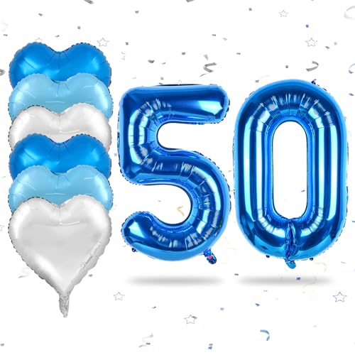 Luftballon 50. Geburtstag, 50 Zoll Blaue Zahl 50 Luftballon, 8 Stück Groß Blau Nummer 50 Folienballon Blau Silber Herzluftballons Helium für Männer Frauen Babyparty Jubiläum 50. Geburtstag Party Deko von Biapian