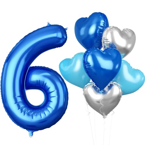 Luftballon 6. Geburtstag, 40 Zoll Blaue Zahl 6 Luftballon, 7 Stück Groß Blau Nummer 6 Folienballon Blau Silber Herzluftballons Helium für Jungen Mädchen Babyparty Jubiläum 6. Geburtstag Party Deko von Biapian