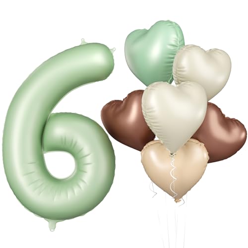 Luftballon 6. Geburtstag, 40 Zoll Salbeigrün Zahl 6 Luftballon, 7 Stück Olivgrün Nummer 6 Folienballon Beige Braune Aprikosen Herzluftballons für Jungen Mädchen Babyparty 6. Geburtstag Party Deko von Biapian