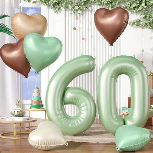 Luftballon 60. Geburtstag, 40 Zoll Salbeigrün Zahl 60 Luftballon, XXL Olivgrün Nummer 60 Folienballon Beige Braune Aprikosen Herzluftballons für Männer Frauen Babyparty 60. Geburtstag Party Deko von Biapian