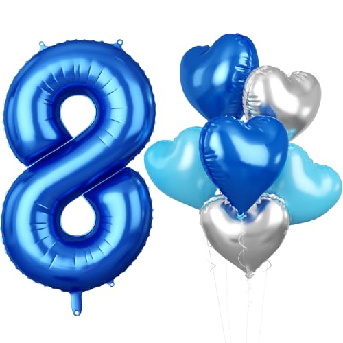 Luftballon 8. Geburtstag, 40 Zoll Blaue Zahl 8 Luftballon, 7 Stück Groß Blau Nummer 8 Folienballon Blau Silber Herzluftballons Helium für Jungen Mädchen Babyparty Jubiläum 8. Geburtstag Party Deko von Biapian