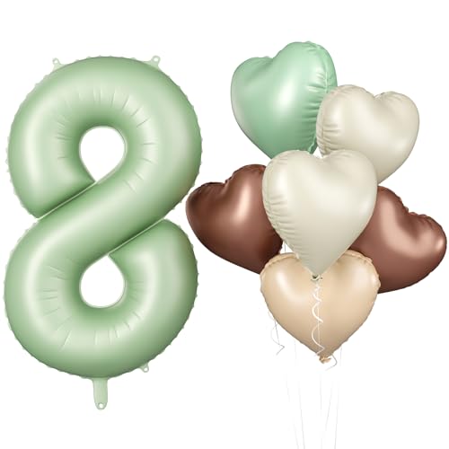 Luftballon 8. Geburtstag, 40 Zoll Salbeigrün Zahl 8 Luftballon, 7 Stück Olivgrün Nummer 8 Folienballon Beige Braune Aprikosen Herzluftballons für Jungen Mädchen Babyparty 8. Geburtstag Party Deko von Biapian