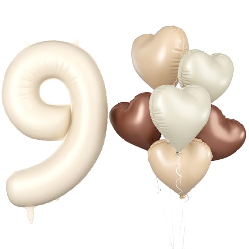 Luftballon 9. Geburtstag, 40 Zoll Beige Zahl 9 Luftballon, 7 Stück Cremefarbene Nummer 9 Folienballon Braune Aprikosen Herzluftballons Neutraler für Jungen Mädchen Babyparty 9. Geburtstag Party Deko von Biapian