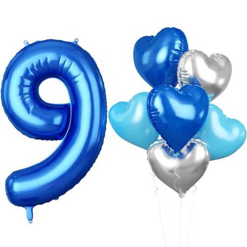 Luftballon 9. Geburtstag, 40 Zoll Blaue Zahl 9 Luftballon, 7 Stück Groß Blau Nummer 9 Folienballon Blau Silber Herzluftballons Helium für Jungen Mädchen Babyparty Jubiläum 9. Geburtstag Party Deko von Biapian