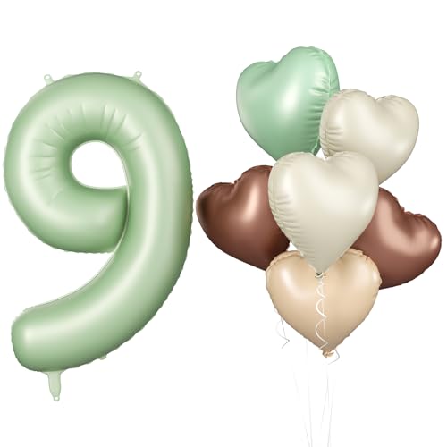 Luftballon 9. Geburtstag, 40 Zoll Salbeigrün Zahl 9 Luftballon, 7 Stück Olivgrün Nummer 9 Folienballon Beige Braune Aprikosen Herzluftballons für Jungen Mädchen Babyparty 9. Geburtstag Party Deko von Biapian