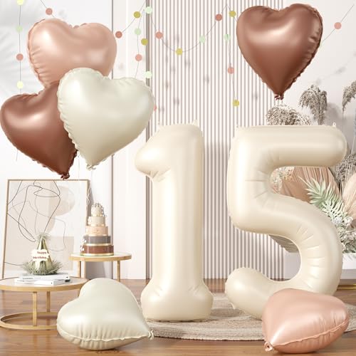 Luftballons 15. Geburtstag für Mädchen, Groß Beige Creme Nude Zahl 15 Folienballons Deko Braun Aprikose Neutraler Herzluftballons Helium für Junge 15 Jahre Geburtstagsdeko Party Hochzeit Dekoration von Biapian