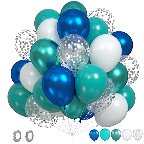 Luftballons Blau Grün, 60 Stück Matellic Blau Weiß Silber Luftballons Geburtstag, 12 Zoll Silber Konfetti Ballon Tiffany Blaue Latexballon Helium Ballons für Geburtstagsdeko Jungen Babyparty Deko von Biapian