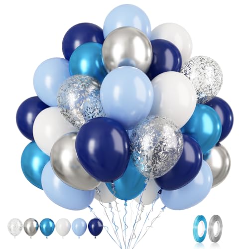 Luftballons Blau Silber, 60 Stück Marineblau Weiß Geburtstag Luftballons, Metallic Silber Konfetti Luftballons Navy Blau Macaron Blau Latexballons für Jungen Mädchen Hochzeit Weltraum Thema Deko von Biapian
