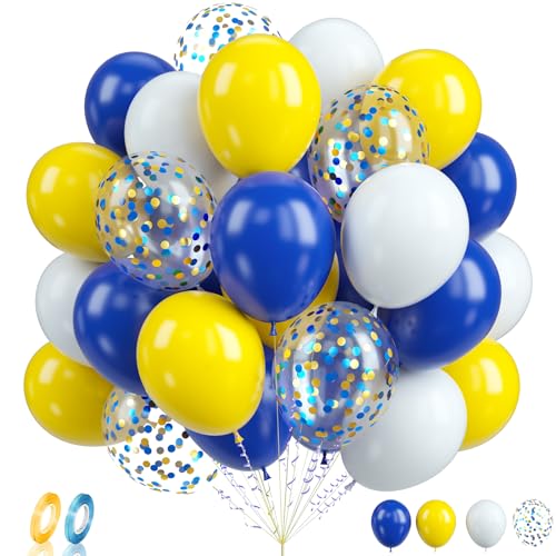Luftballons Gelb Blaue, 60 Stück Blau Gelb Weiß Luftballons Geburtstag, 12 Zoll Blau Gold Konfetti Ballons, Dunkelblauer Latexballons für Mädchen Geburtstag Hochzeit Abschlussfeier Babyparty Deko von Biapian