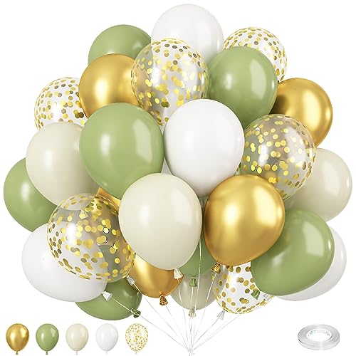 Luftballons Salbei grün Weiß, 50 Stück 12 Zoll Luftballons Retro Grün Gold Weiß Helium Konfetti Gold Metallic ballons für Geburtstagsfeier, Hochzeit, Babyparty, Absolventendekoration von Biapian