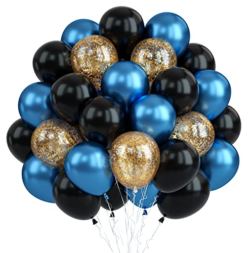 Luftballons Schwarz Blau, 30 Stück Luftballons Geburtstag Blau Gold, Gold Konfetti Ballons Matellic Blaue Schwarz Latex Luftballon Helium Ballons für Geburtstagsdeko Männer Babyparty Hochzeitsdeko von Biapian
