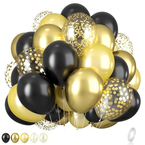 Luftballons Schwarz Gold, 50 Stück 12 Zoll Schwarz Metallic Chrome Gold Latex Ballons mit Schwarz Gold Konfetti Ballon für Männer Frauen Geburtstag Hochzeit Babyparty Bachelorette Dekorationen von Biapian