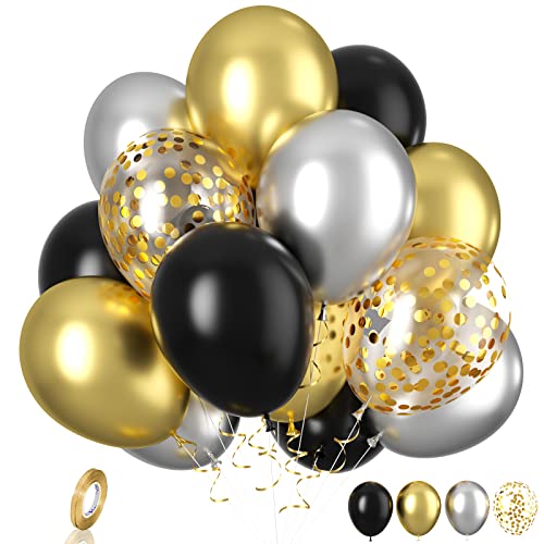 Luftballons Schwarze Gold, 20 Stück Schwarze Silber Gold Luftballons, 12-Zoll Matellic Gold Konfetti Ballons Silber Gold Schwarze Latexballons für Geburtstag Abschlussfeier Babyparty Hochzeitsdeko von Biapian