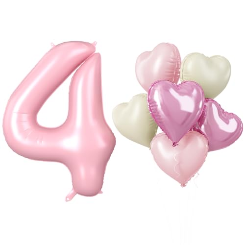 Zahlen Luftballon 4 Rosa, Riesen Hell Rosa Folienballon Zahl für Mädchen, 40 Zoll Helium Zahlenballon mit Herzluftballons 4. Geburtstag Deko für Kinder 4 Jahre Jubiläum Hochzeit Party Dekoration von Biapian