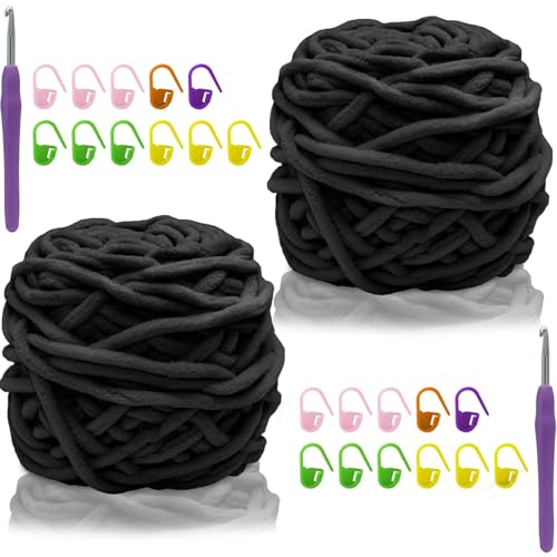 Biaungdo Chenille-Garn zum Häkeln, 100 g, schwarz, weich, sperrig, dick, flauschiges Garn, Samtgarne zum Stricken von Decken, Basteln, mit kleinen Kunststoffnadeln und Häkelnadel, 2 Stück Biaungdo Chenille-Garn zum Häkeln, 100 g, schwarz, weich, sperrig, dick, flauschiges Garn, Samtgarne zum Stricken von Decken, Basteln, mit kleinen Kunststoffnadeln und Häkelnadel, 2 Stück von Biaungdo