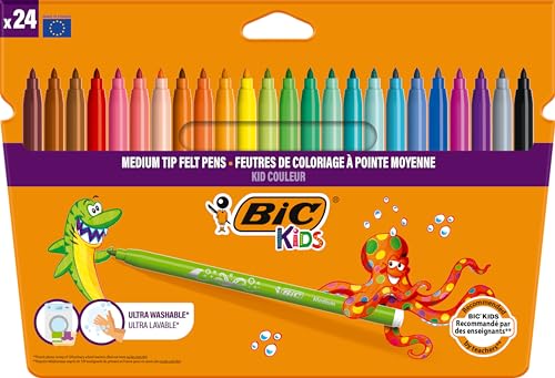 BIC Kids Filzstifte Kid Couleur, Fasermaler zum Malen in 24 auswaschbaren Farben, mit stabiler Spitze, im Karton Etui, ab 5 Jahre von BIC