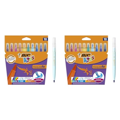 Bic Kids Filzstifte Visaquarelle, Fasermaler zum Malen in 10 auswaschbaren Farben, mit flexibler Pinselspitze, im Karton Etui, mit Austrocknungsschutz (Packung mit 2) von Bic Kids