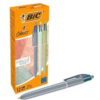 BIC 4-Farben-Kugelschreiber 4 Colours mineral tones grau, helltürkis, olivgrün, Schreibfarbe: blau, rot, grün, schwarz, 12 St. von Bic