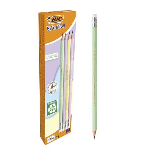 BIC Evolution Pastell Graphitstifte mit Radiergummi und stoßfester HB-Mine – 4 verschiedene Schaftfarben, 12 Stück von Bic