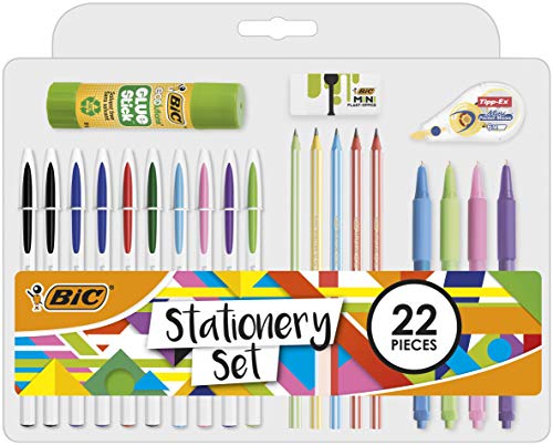 Bic 961543 Schreibwaren-Set, Klebestift, Mini-Radierer, Korrekturband, HB Graphitstift, Kugelschreiber (22 Stück) von Bic