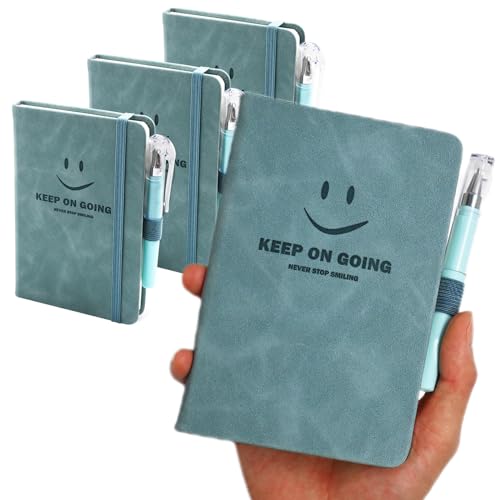 BieFuDan 3 Stück Notizbuch A6 mit Stifthalter,Mini Smiley Notizbuch mit 3 Gelstiften schwarz, Mini Notizblock Set geeignet für Büro und Schule,Smile-Design Tagebuch/Tagebuch mit Gummiband (Blau) von BieFuDan