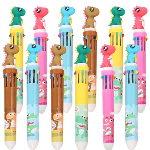 BieFuSin 12 Stück Mehrfarbige Stifte 0,5 mm 10-in-1-Kugelschreiber Mehrfarbig 10 Farben Cartoon Kugelschreiber in einem für Kinder, Regenbogenstifte für Schule Studenten Geschenk (Dinosaurier) von BieFuSin