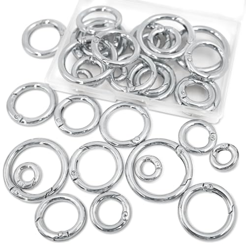 BieFuSin 20 Stück Auslöser Feder O Ringe, Zink Legierung Runde Karabiner Snap, Heavy Duty Haken Clip, 5 Verschiedene Größen für Schlüssel, Taschen, Geldbörsen, Handtasche und DIY Handwerk (Silber) von BieFuSin