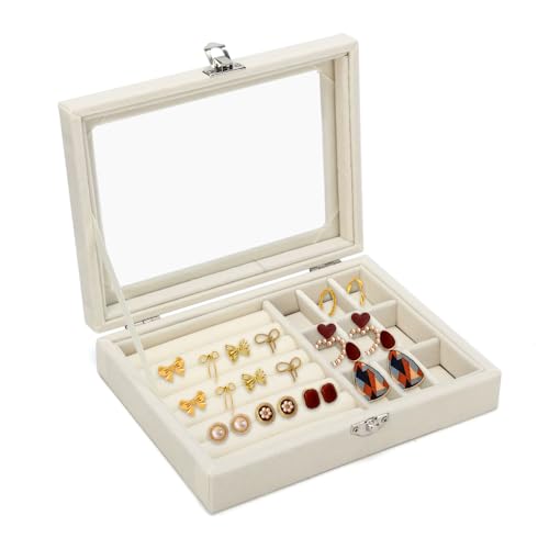 Bieiyhe 1-Stufiger Schmuck organizer Reise,Ringaufbewahrungs Box,Schmuckbehälter,Ohrstecker Aufbewahrung Ohrringe Stecker,Schmuckkasten Klein,schmuckbox damen,Schmuckschatulle,Jewelry Box-Beige von Bieiyhe