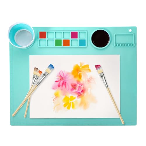Bieiyhe Malmatte Silikon Malunterlage Abwaschbar 50x40cm, Bastelmatte Kinder, Kids Painting Station, Silicone Painting Mat, Malstation Kinder Silikon mit Becher, Silikonmatte Malen Abwischbar -Blau von Bieiyhe