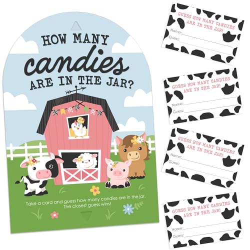Big Dot of Happiness Mädchen Bauernhof Tiere - How Many Candies Pink Barnyard Baby Shower or Birthday Party Game - 1 Stand and 40 Cards - Candy Guessing Game von Big Dot of Happiness