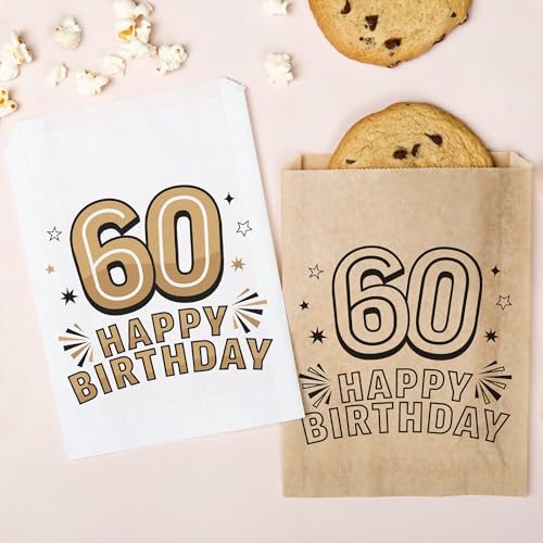 Big Dot of Happiness Papiertüten für Erwachsene, zum 60. Geburtstag, für Geburtstagsparty, individuelle Süßigkeiten-Snack-Geschenke, fettdichte braune Papier-Sandwich-Plätzchentüten – 25 Stück von Big Dot of Happiness