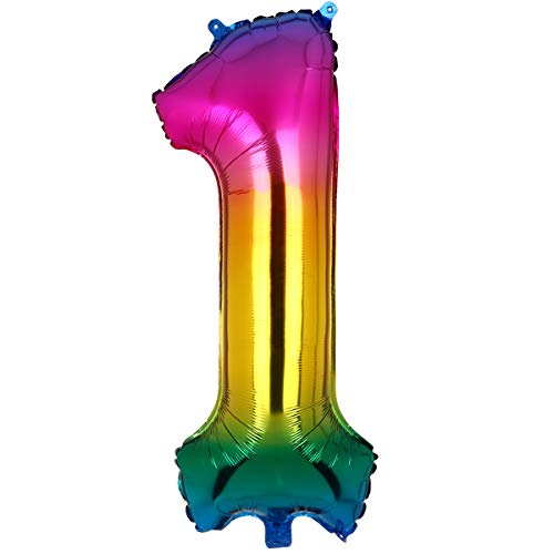 100CM Riesen Regenbogen Zahl 1 Folien Luftballons Number Mylar Helium Zahlenballon Hochzeit Geschenk-Deko Einhorn Geburtstag Party Dekoration für Mädchen Junge XXL von Big Eye Owl