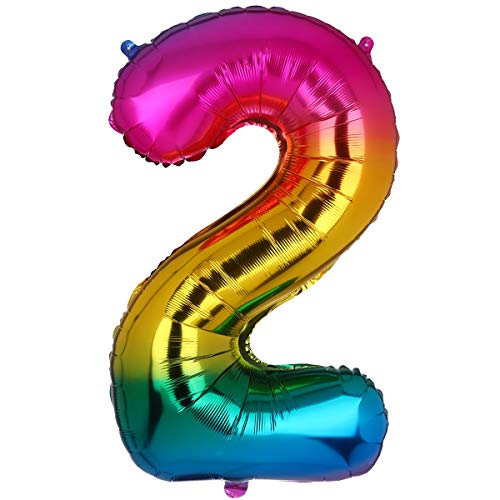 100CM Riesen Regenbogen Zahl 2 Folien Luftballons Number Mylar Helium Zahlenballon Hochzeit Geschenk-Deko Einhorn Geburtstag Party Dekoration für Mädchen Junge von Big Eye Owl
