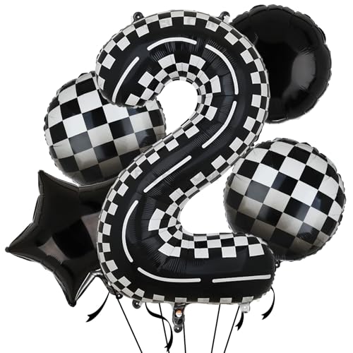 101,6 cm karierte Rennstrecke, Zahl 2, Mylar-Ballon, Rennwagen, 5 Stück, karierte Folie, Heliumballons, schwarz-weißer Stern, runder Ballon für Jungen, Rennwagen, 2. Geburtstag, Party-Dekoration von Big Eye Owl